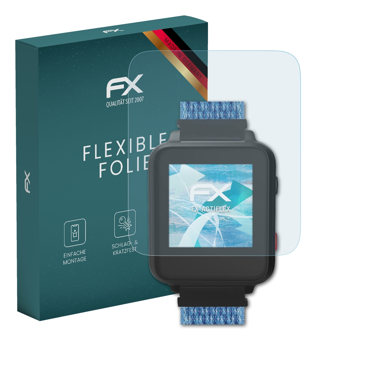 Türkis Box mit Uhren-Displayschutz und Smartwatch. Uhr hat schwarzes Zifferblatt und blaues Armband.