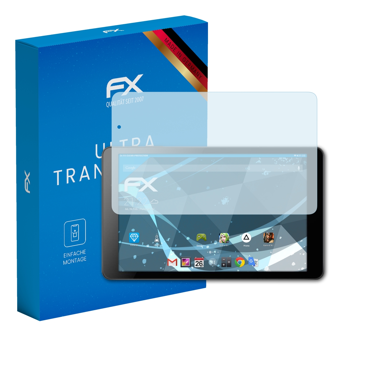 Displayschutzfolie auf Tablet mit Box. FX-Logo und Text sichtbar.