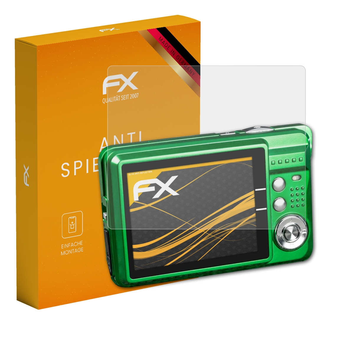 Grüne Kamera mit Displayschutz, neben orangefarbener Schachtel. Beide zeigen FX-Logo und Text.