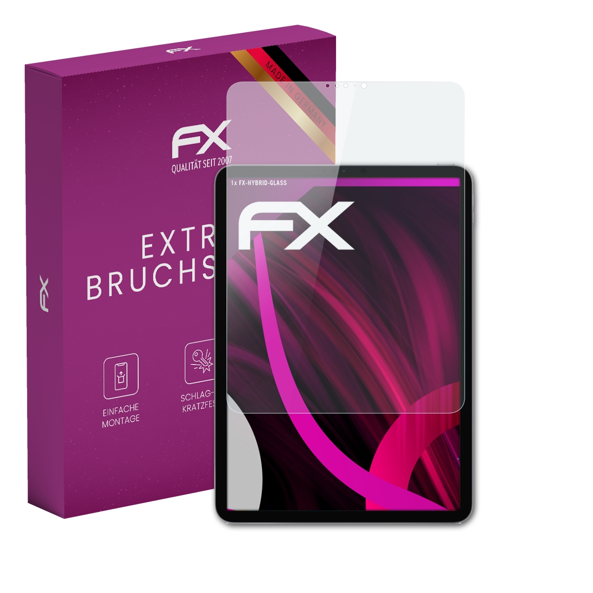 Tablet mit Displayschutz und Box. Lila Box. Tablet mit rosa Bildschirm. Box sagt 'BRUCHS'.