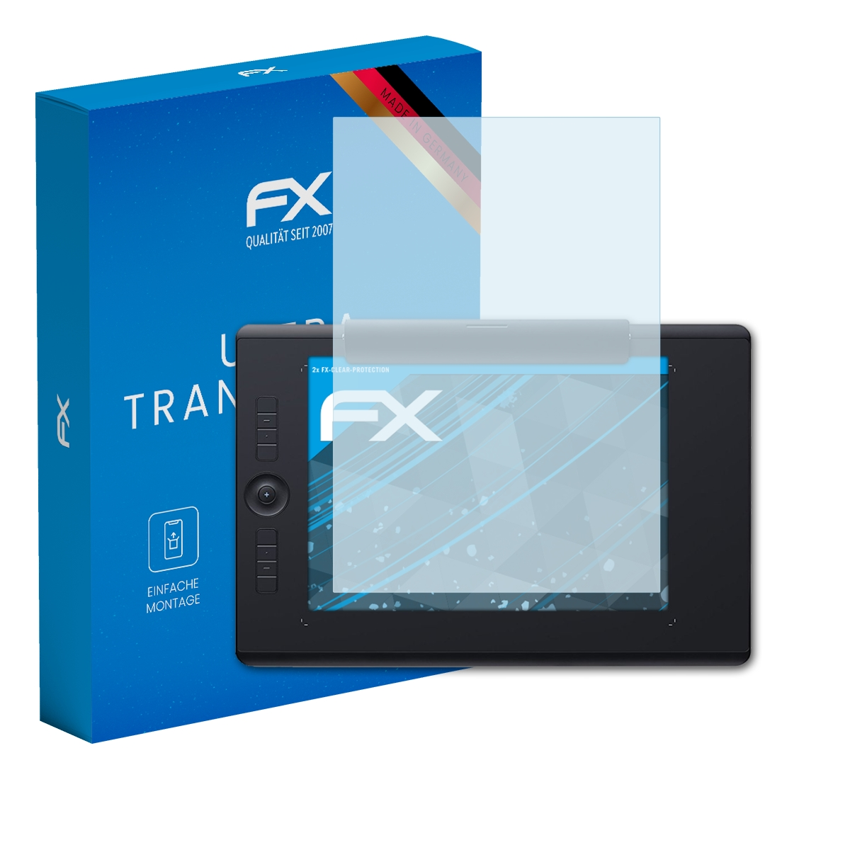 Tablet mit Displayschutz, FX-Box. Schwarzes Tablet, klarer Schutz, blaue Box mit Text und Logo.