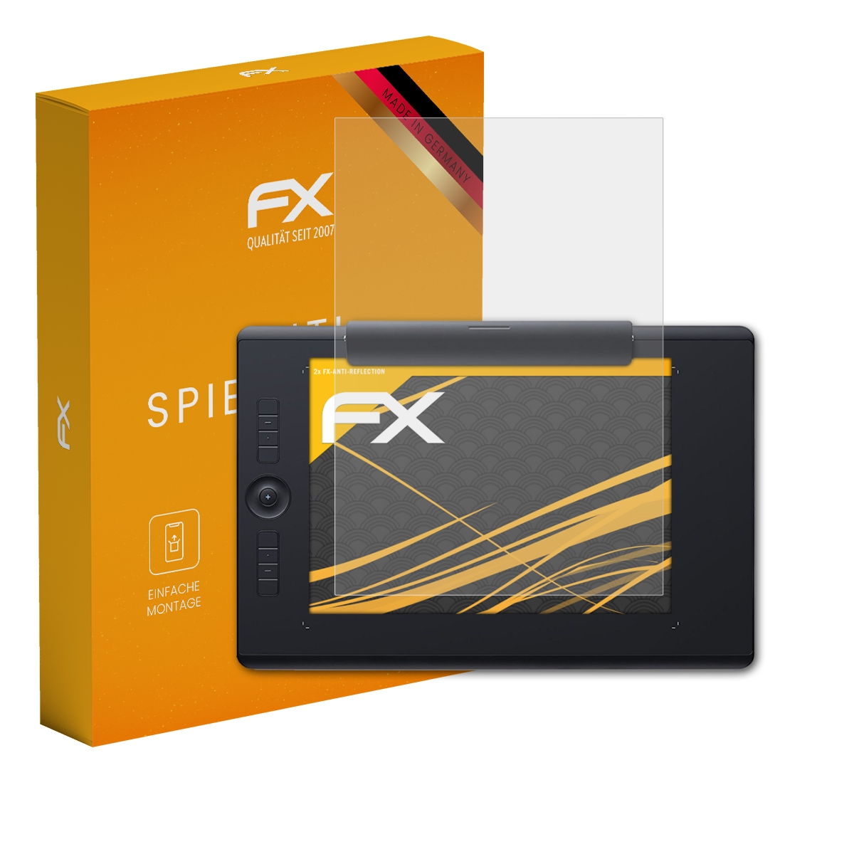 Tablet mit Displayschutzfolie, Box im Hintergrund.