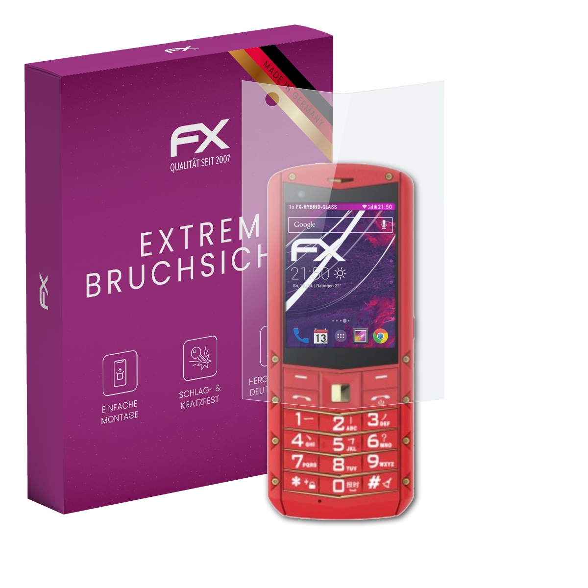 Rotes Telefon mit Displayschutz und Box mit 'FX' und 'Made in Germany'. Das Telefon hat Tasten.