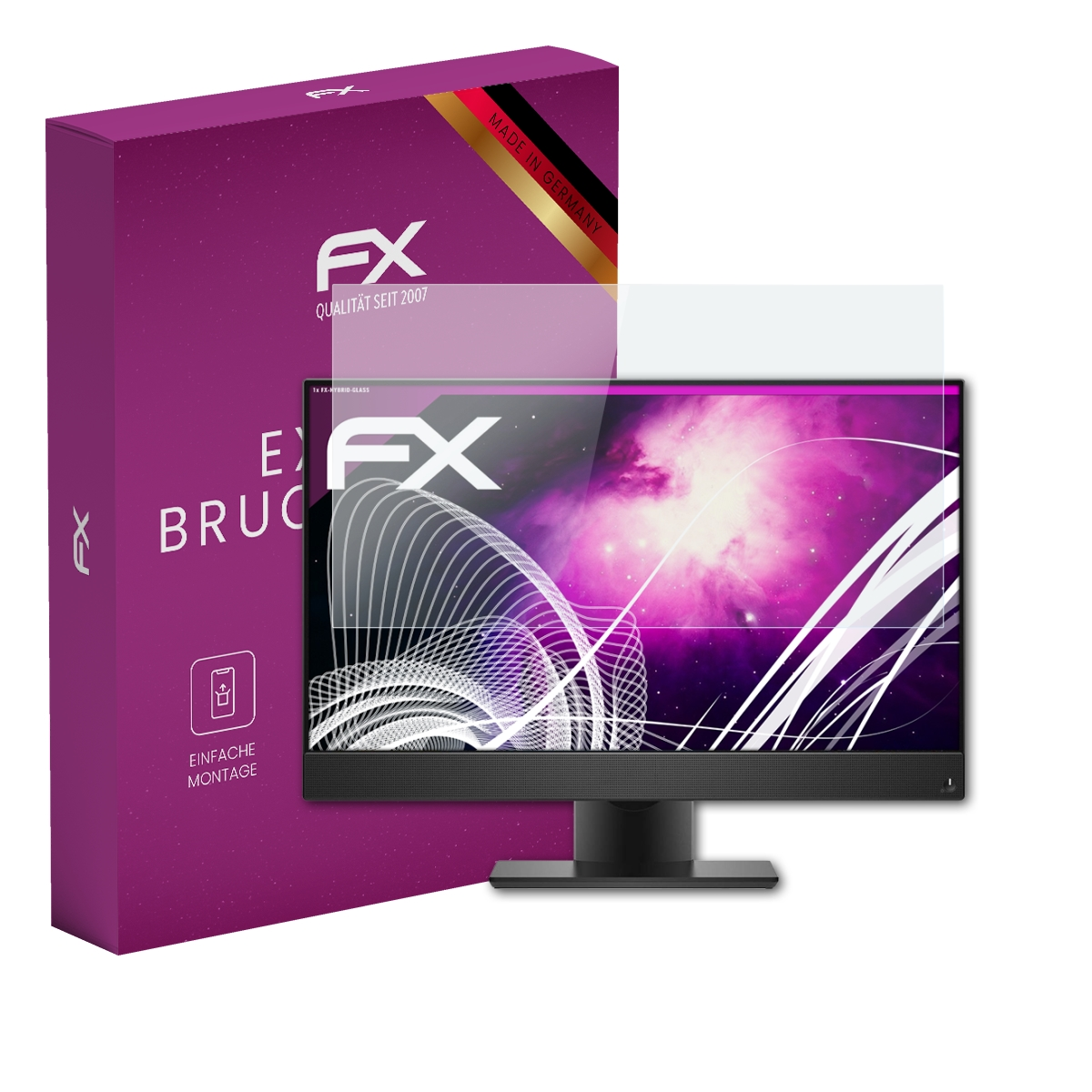 Monitor mit Schutz. Lila Box mit FX-Logo, Glasschutz auf Monitor.