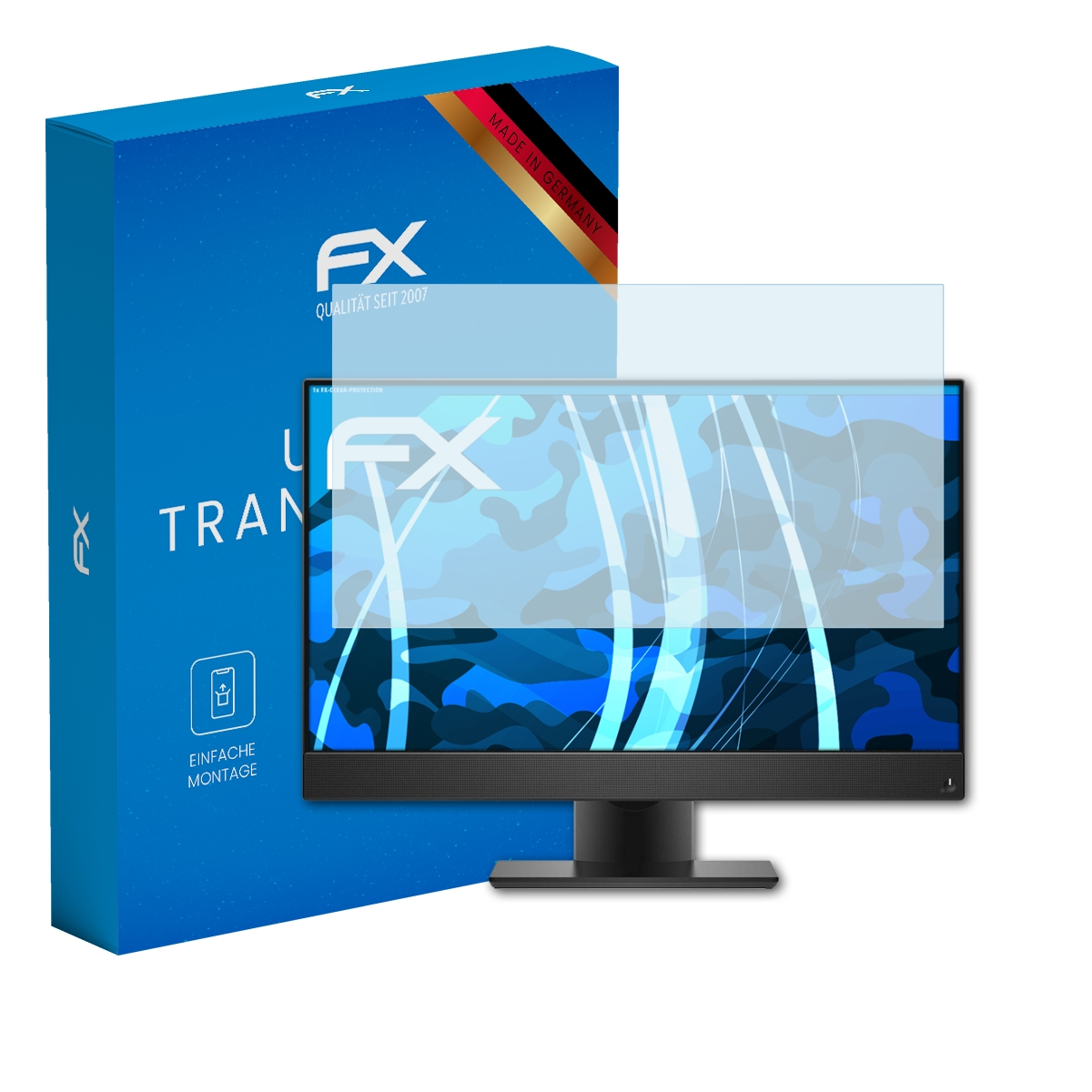 Monitor mit Displayschutz, Box im Hintergrund.