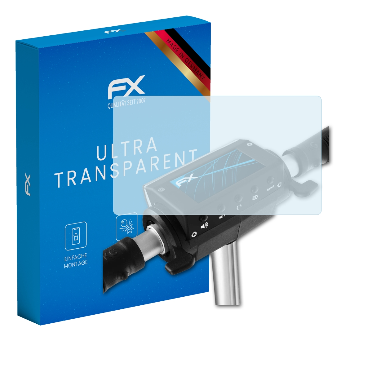 Rollerlenker mit Displayschutzfolie, blaue Box mit FX Logo und Text.