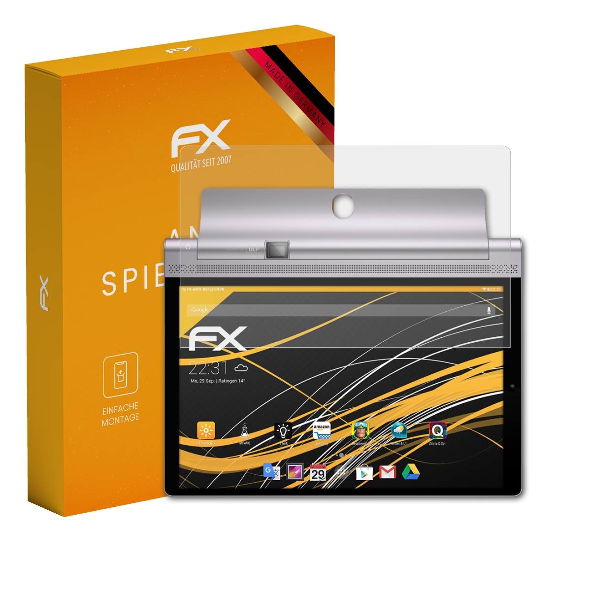 Tablet mit Displayschutzfolie und Box, orange. Hergestellt in Deutschland. Der Bildschirm zeigt Google.