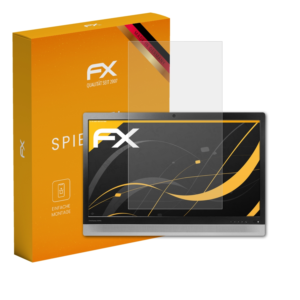Eine Displayschutzfolie und eine Schachtel. Die Schachtel ist orange mit dem FX-Logo. Die Folie ist auf einem Bildschirm.