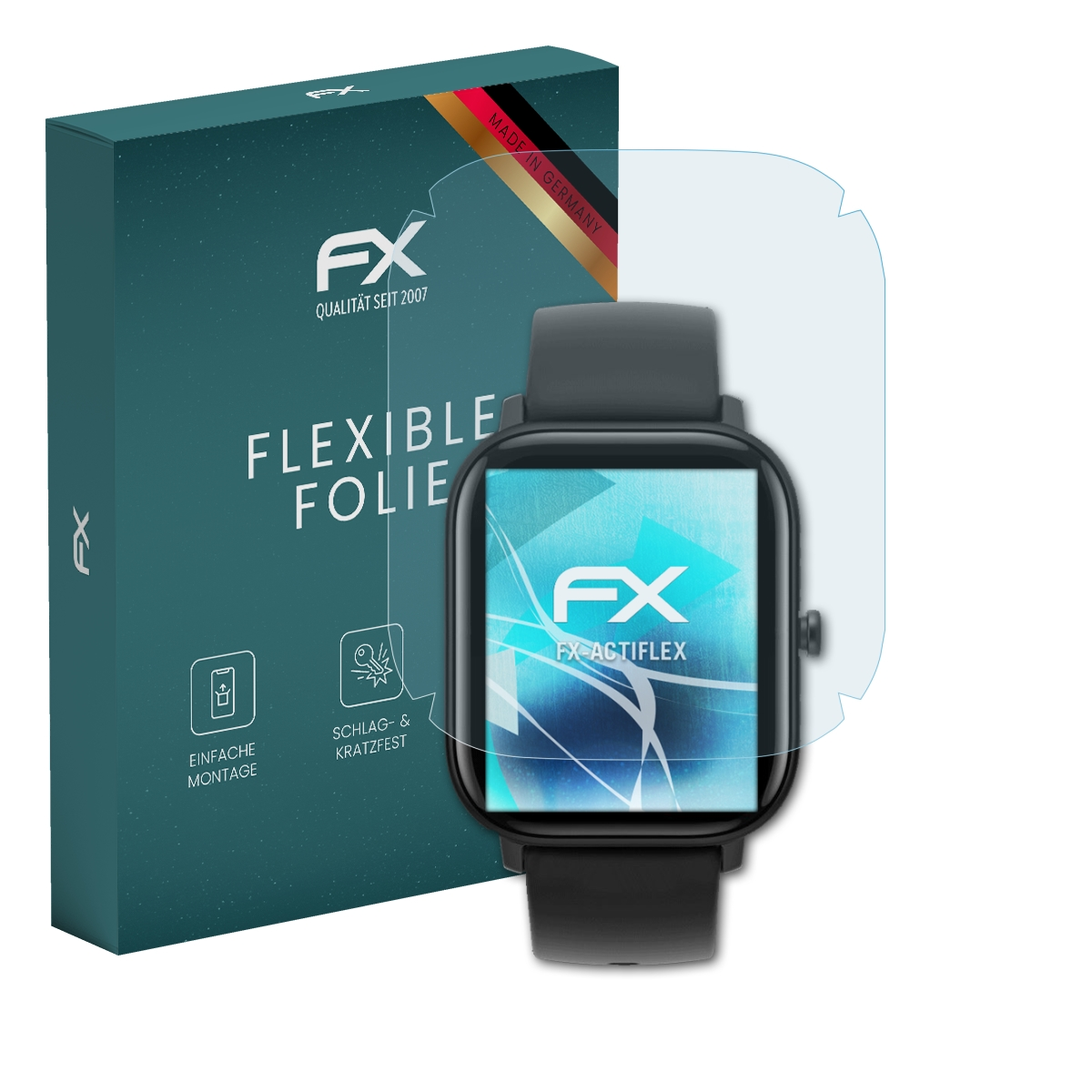 Smartwatch mit Displayschutz, schwarzem Band, türkis Box und 'FX'-Logo.