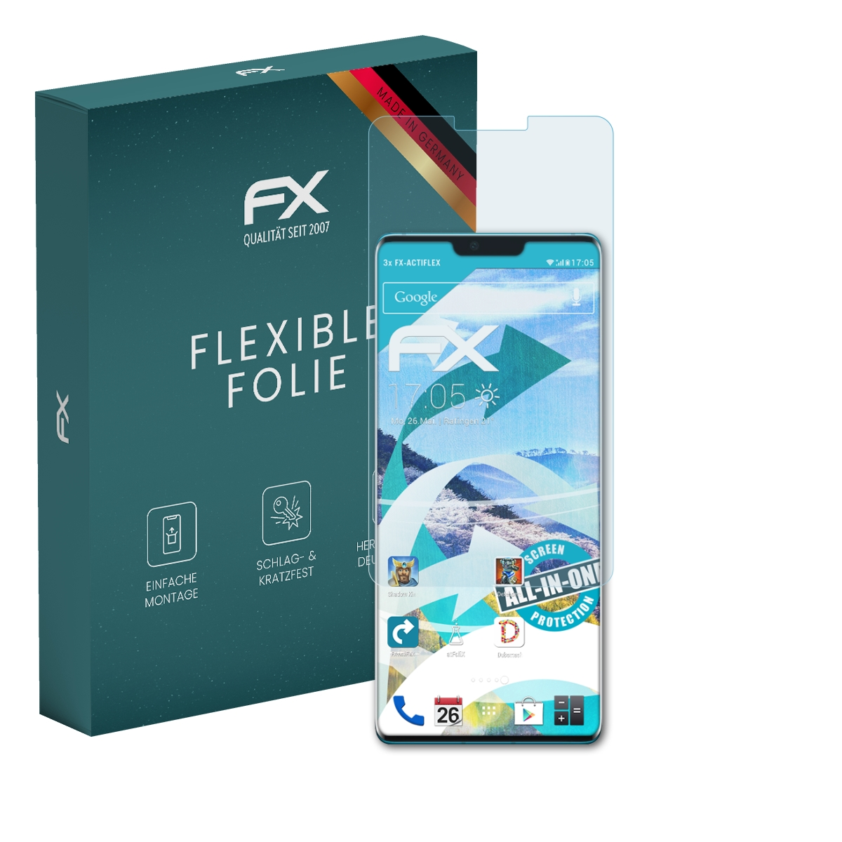 Telefon mit Displayschutz, türkis Box, 'FX'-Logo und App-Symbolen.