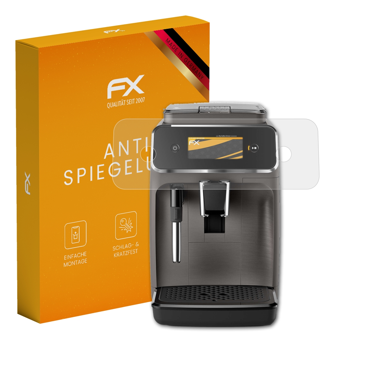 Kaffeemaschine mit Displayschutz und einer orangefarbenen Box. Auf der Box steht Anti Spiegelung. Made in Germany.