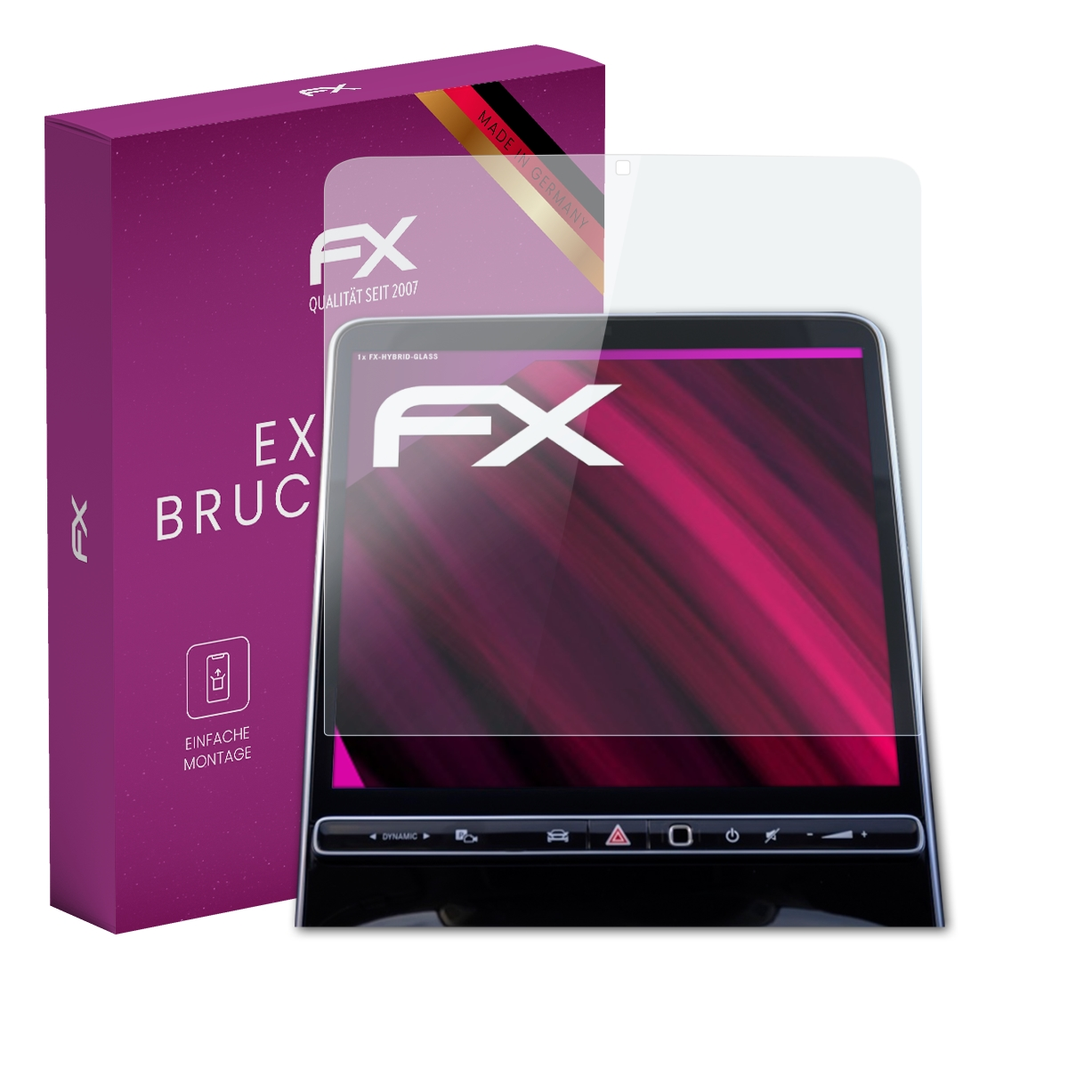Displayschutz mit Box. Ein Bildschirm befindet sich vor einem rosa Display. Die Box ist lila mit weißem Text.