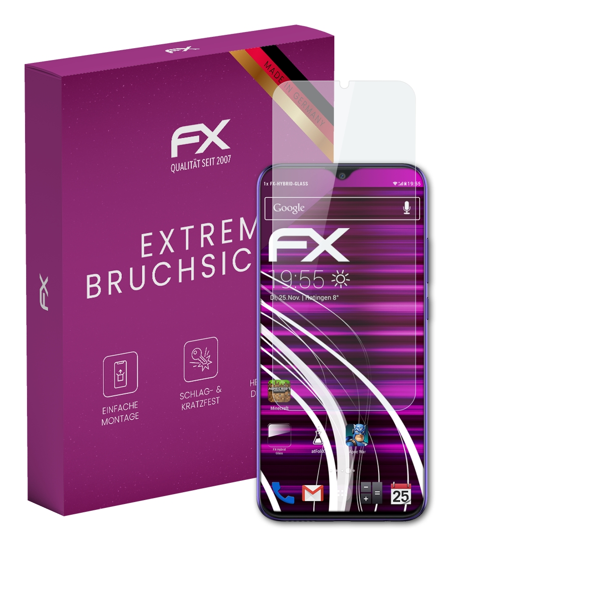 Lila Schachtel und Telefon mit Displayschutzfolie. Auf der Schachtel steht 'EXTREME BRUCHSICHER' und 'FX'.