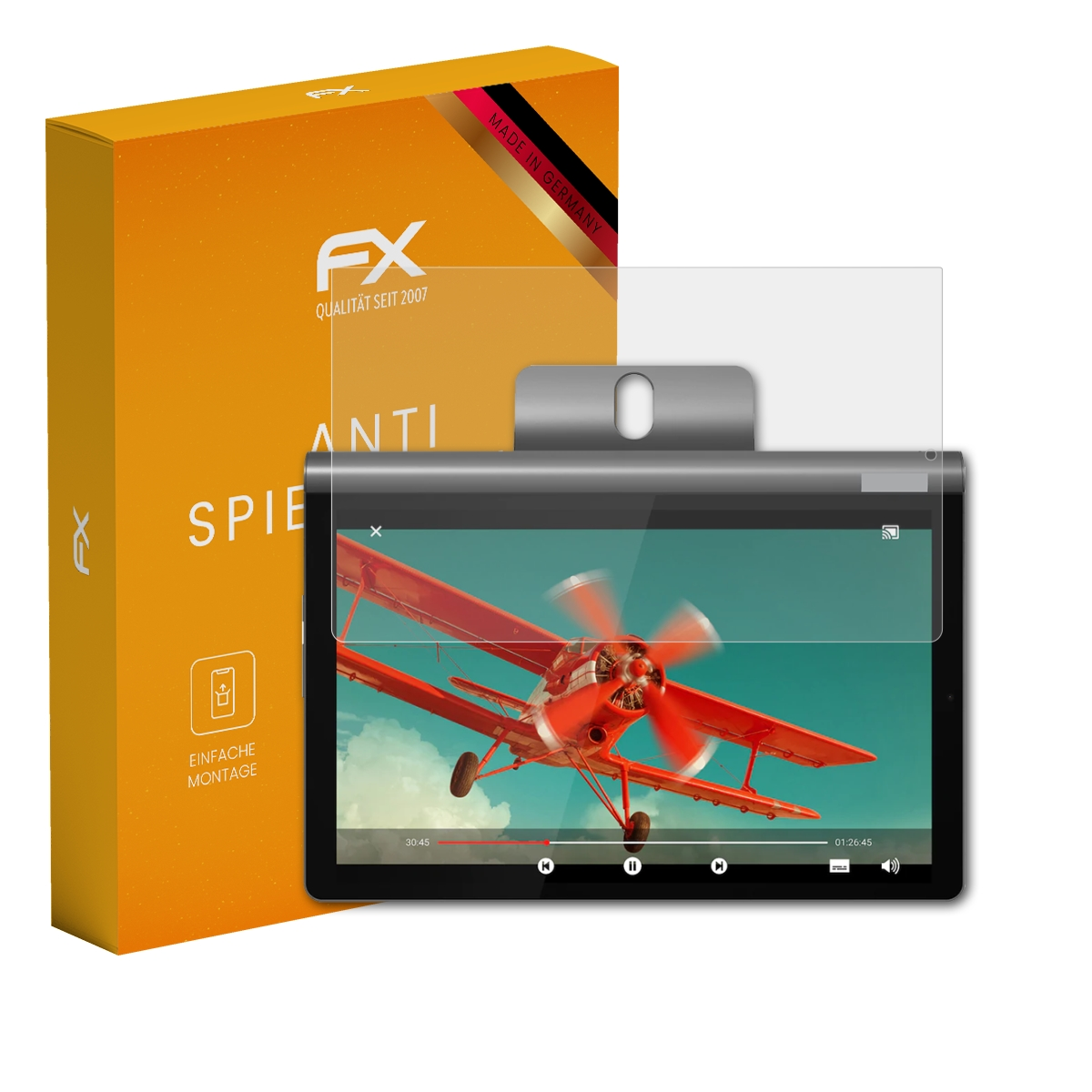 Ein Tablet mit Displayschutz, eine Schachtel mit Text und Symbolen und ein Aufkleber "Made in Germany".