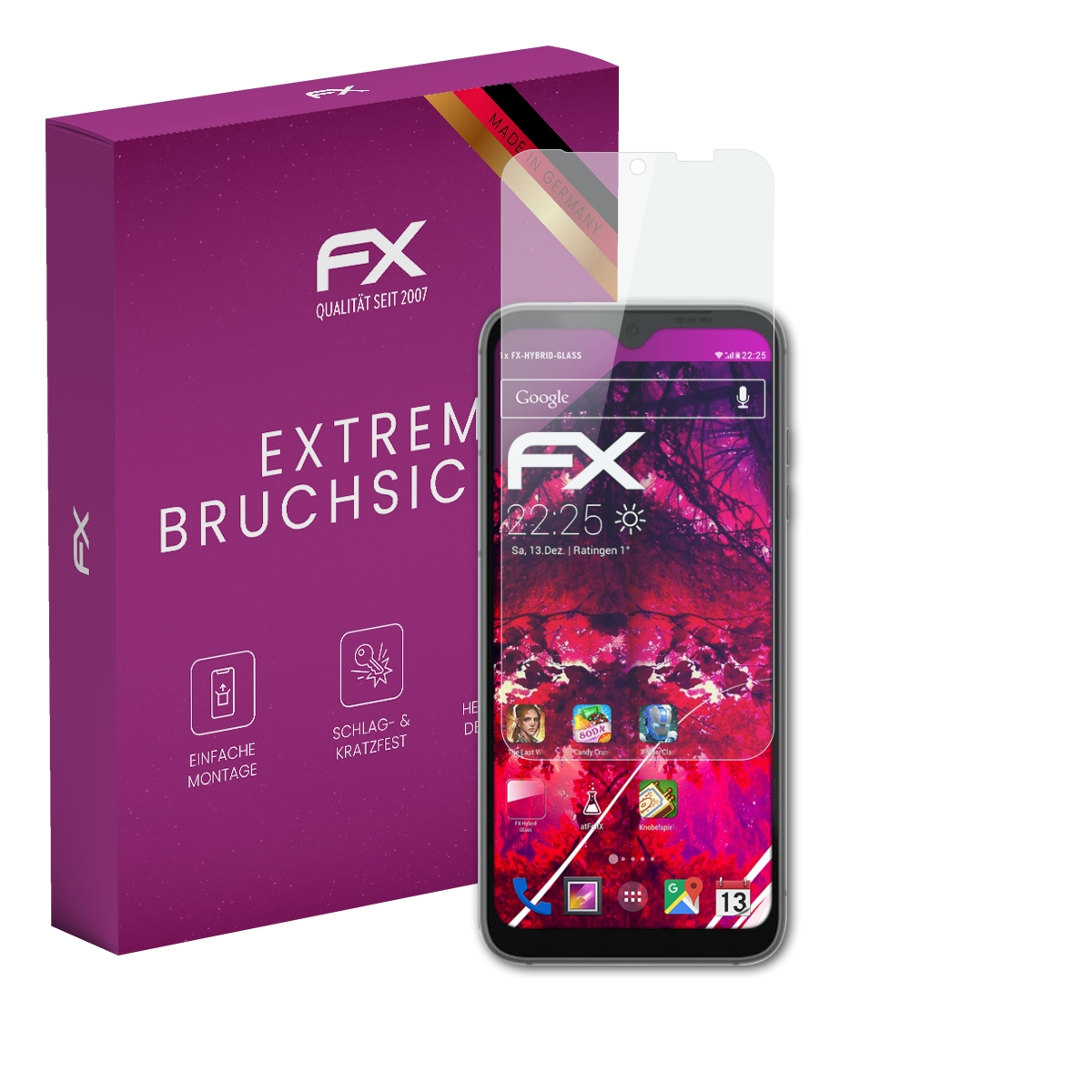Lilafarbene Box und ein Telefon mit Displayschutz. Telefon zeigt die Google-App auf dem Bildschirm mit einer Uhr.