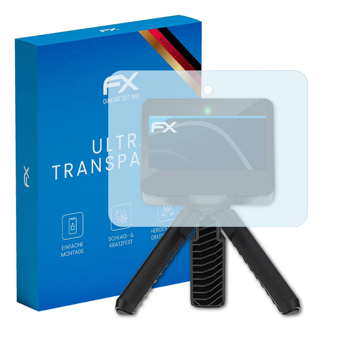 Stativ mit Displayschutzfolie und einer Box links. Der Bildschirm hat eine blaue Benutzeroberfläche.