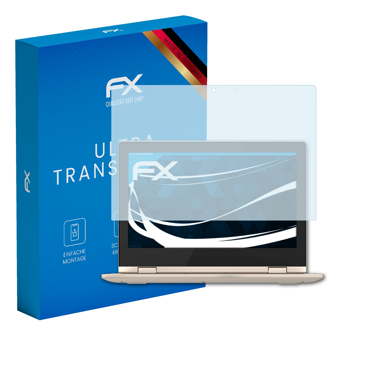 Ein Laptop mit Displayschutzfolie neben einer blauen Box.
