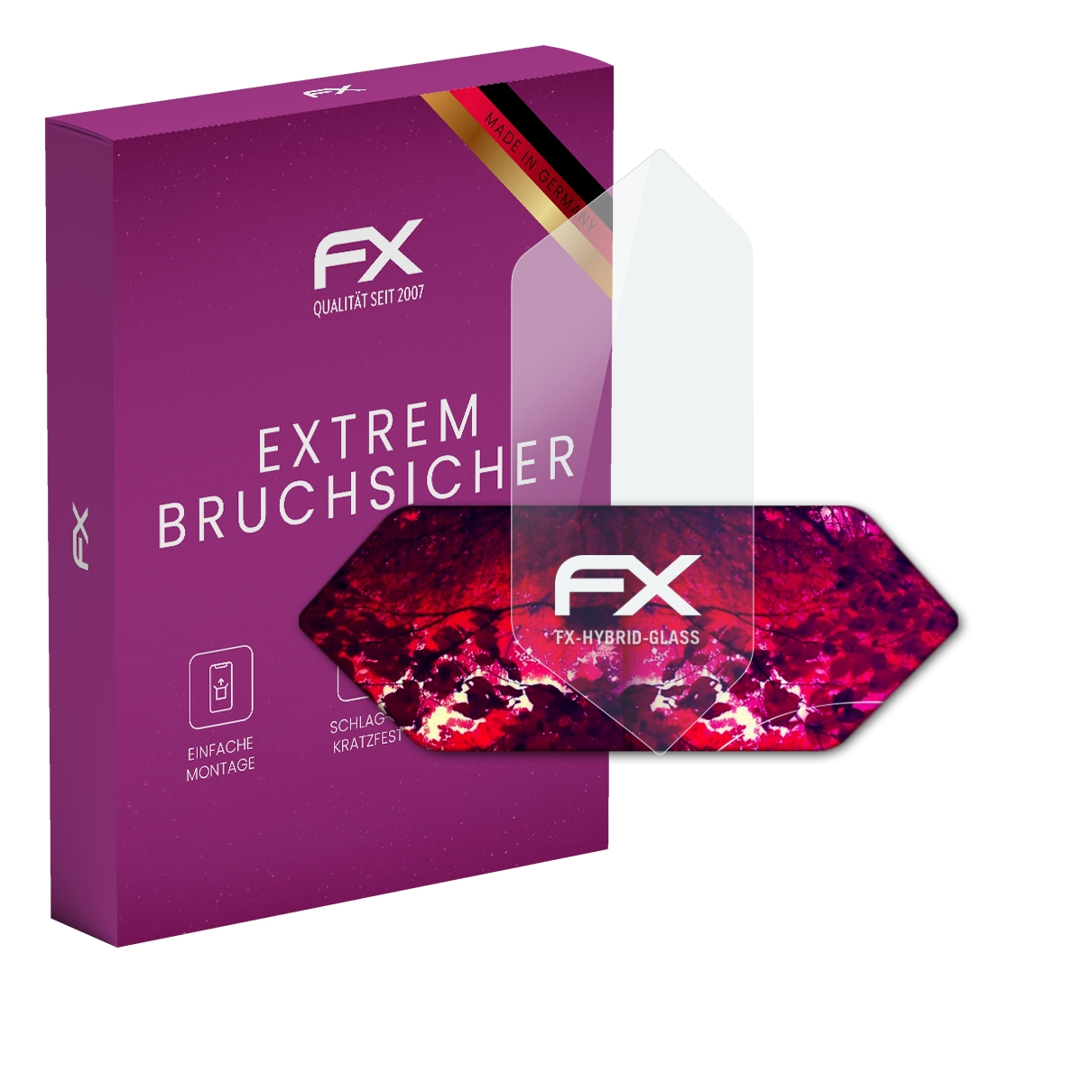 Lila Schachtel mit Displayschutzfolie und FX-Hybrid-Glass-Aufschrift, die eine Grafik eines zerbrochenen Bildschirms zeigt.