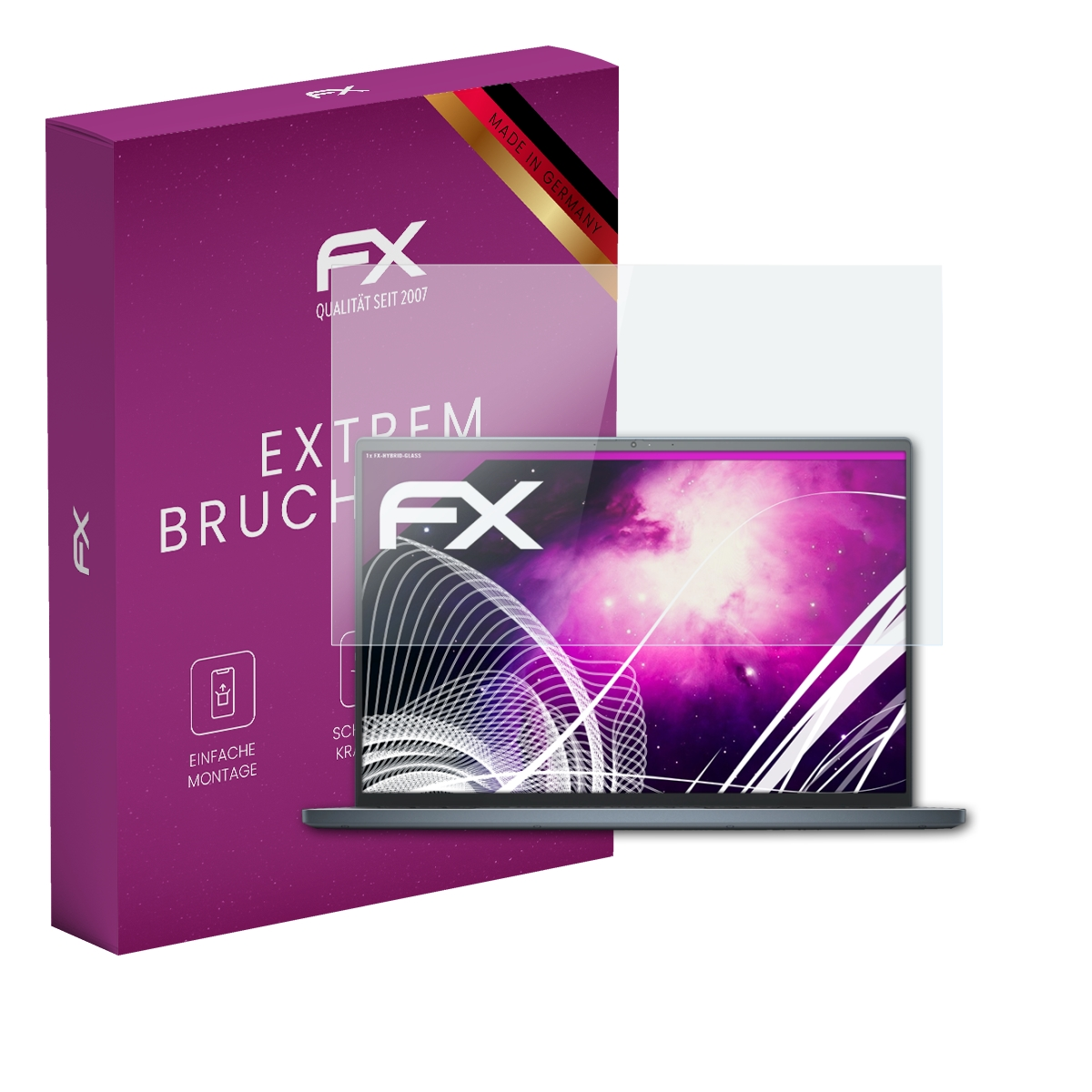 Ein Laptop mit Displayschutz neben einer lila Box.