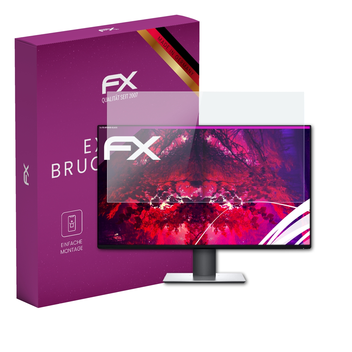 Ein Computermonitor mit Displayschutz neben einer lila Box.