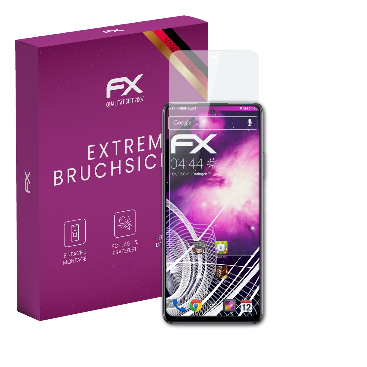 Telefon und Box. Auf dem Telefon ist ein Displayschutz angebracht. Box sagt 'Extrem Bruchsic'. Das Telefon zeigt Zeit.