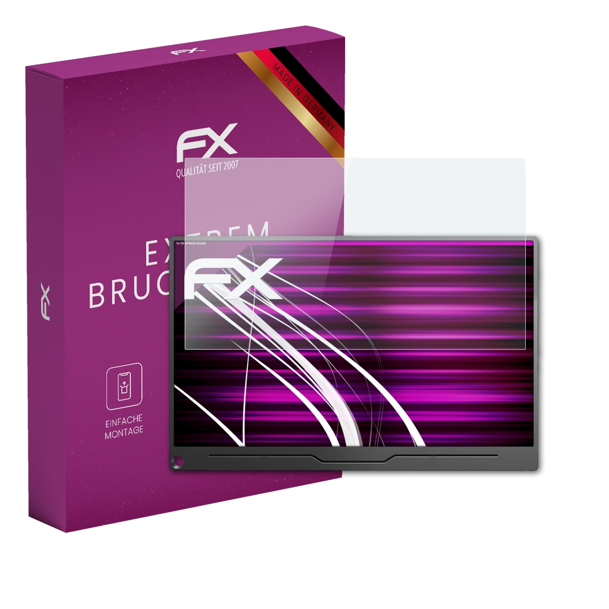 Laptop-Bildschirmschutz neben einer lilafarbenen Box. Der Bildschirm zeigt einen rosa Farbverlauf.