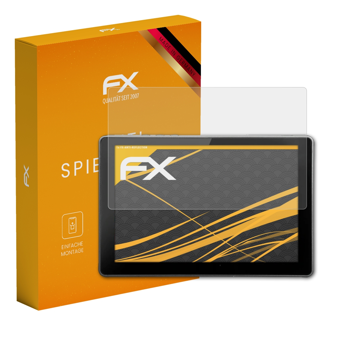 Tablet-Displayschutz mit einer orangefarbenen Box. Das Tablet zeigt ein graues Rastermuster.