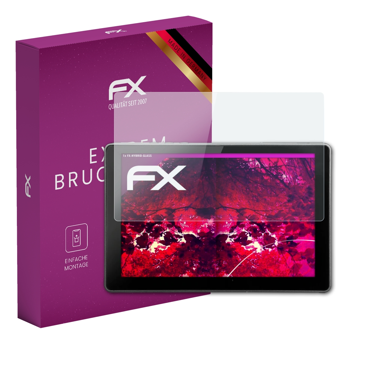 Tablet mit Displayschutzfolie, lila Schachtel mit Text und Logos. Deutscher Text auf der Box.