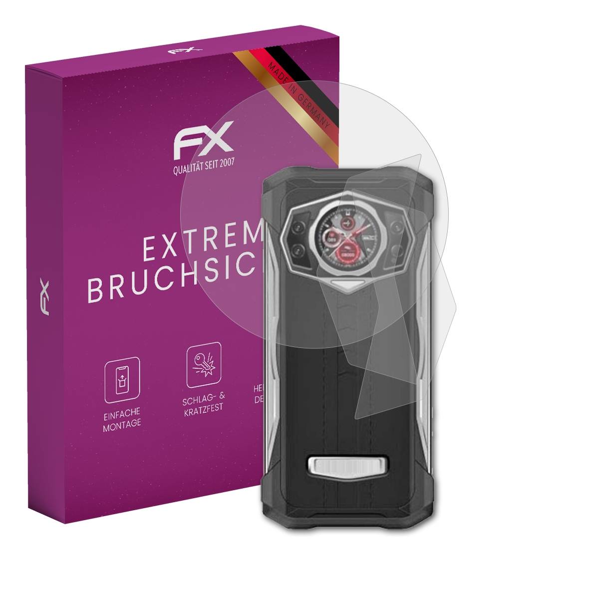 Ein schwarzes robustes Telefon mit Displayschutzfolie neben einer lilafarbenen Schachtel mit der Aufschrift 'EXTREM BRUCHSICHER'.