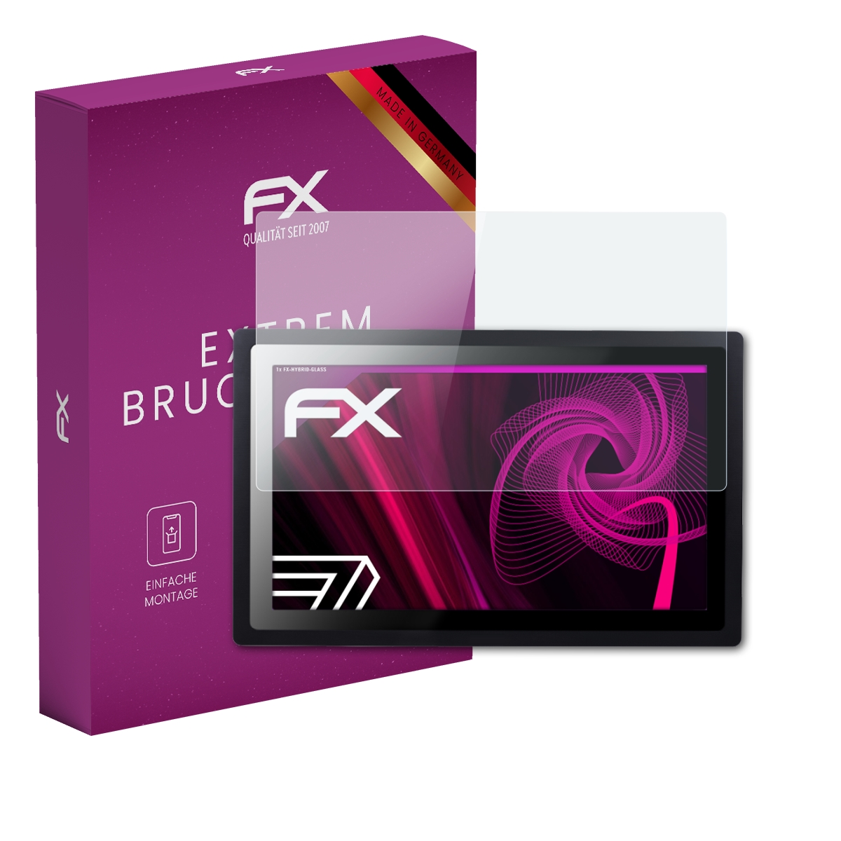 Tablet mit Displayschutz und lila Box. Die Box sagt 'FX' und 'EXTREM BRUCHSICHER'.
