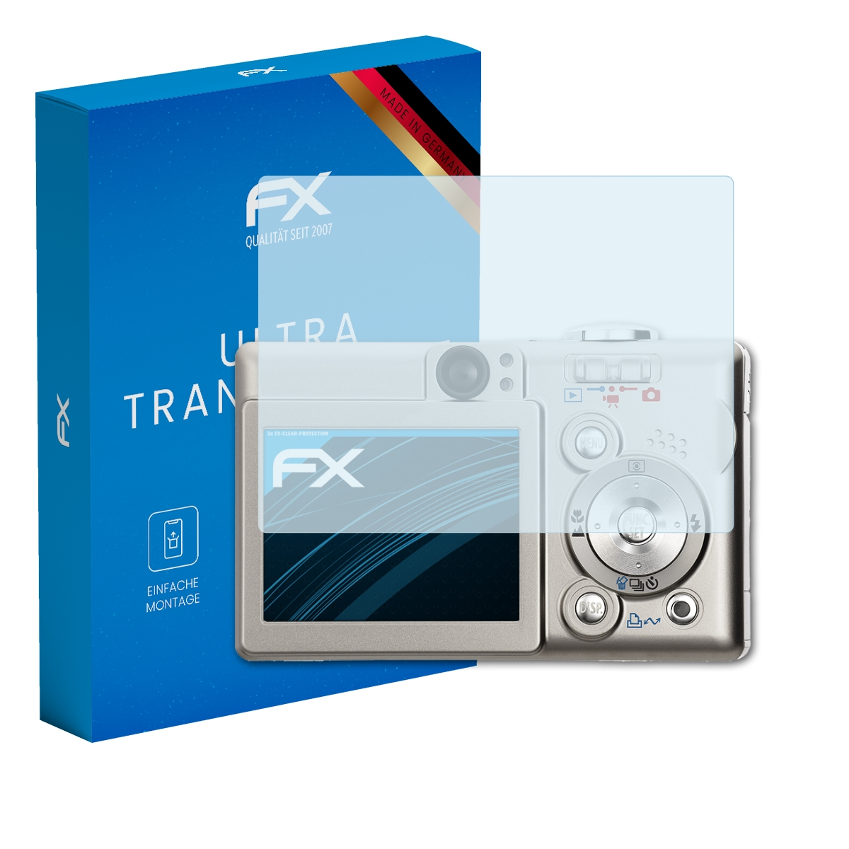 Silberne Kamera mit Displayschutz, blaue Box mit 'FX'-Logo und 'Made in Germany'.