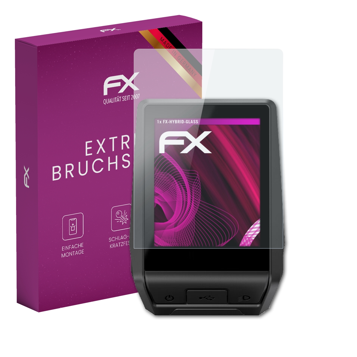 Gerät mit Displayschutz, Karton mit FX-Logo.