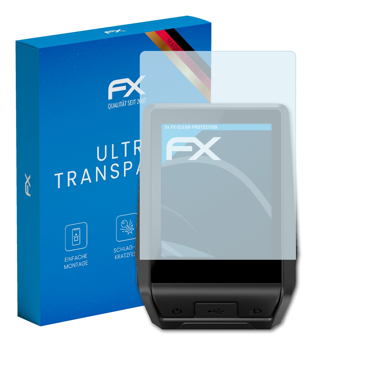 Blaue Box, Gerät und Displayschutzfolie. Text: Ultra Transparent. Gerät zeigt einen klaren Bildschirm.