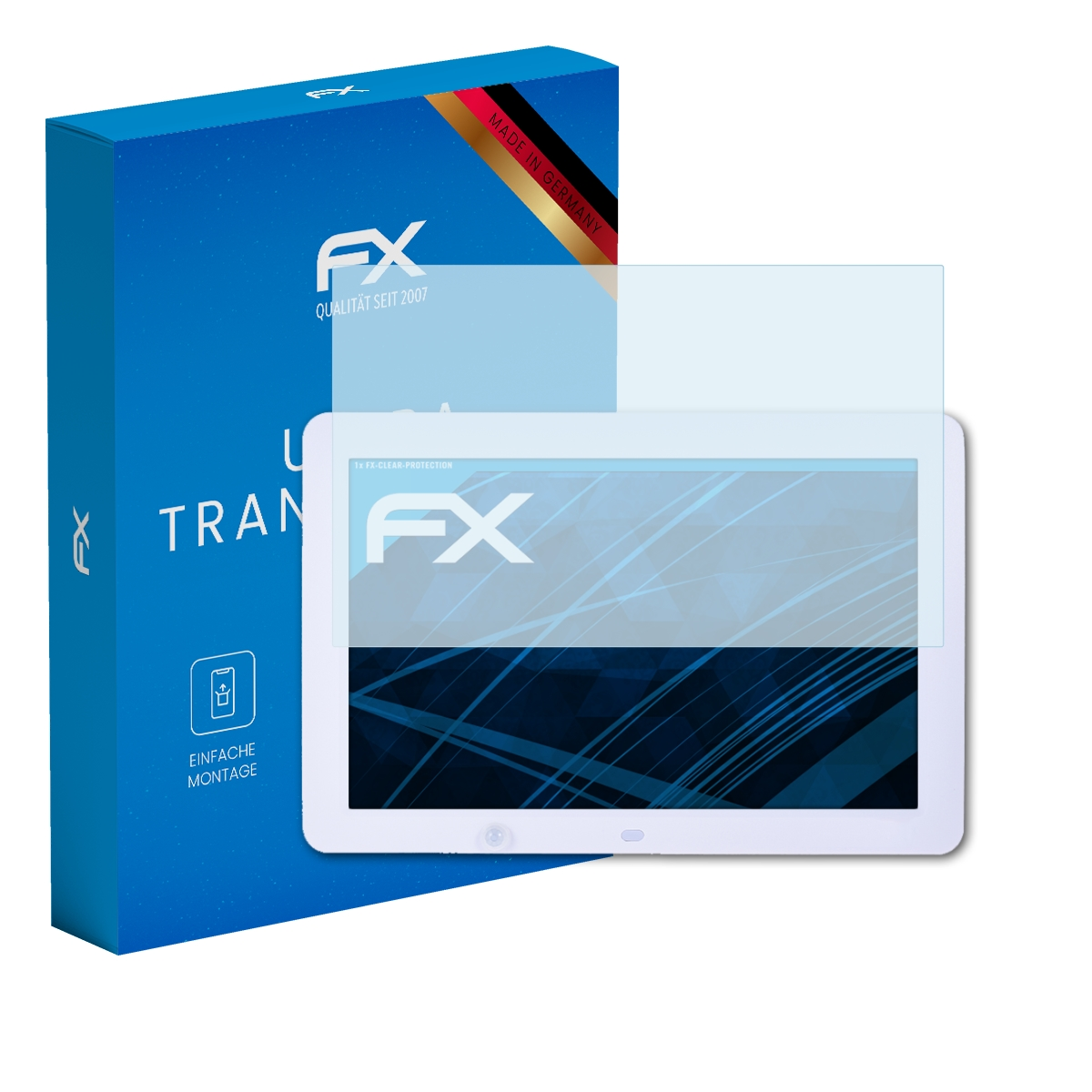 Ein Tablet mit Displayschutz, eine Schachtel mit dem FX-Logo und dem Text 'Made in Germany'.