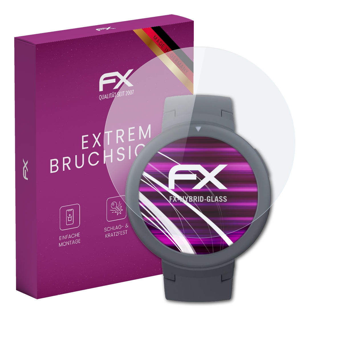 Smartwatch mit Displayschutz, FX Hybrid-Glas Box links.