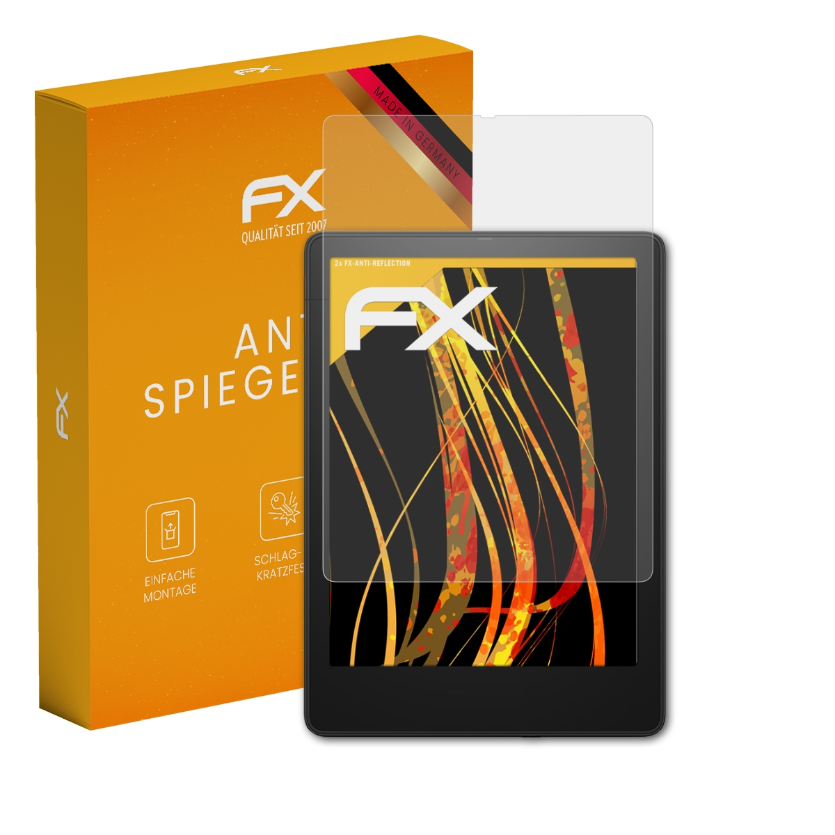 Orange Box, Gerät mit Schutz. Gerät zeigt Display. Schutz liegt auf dem Bildschirm.