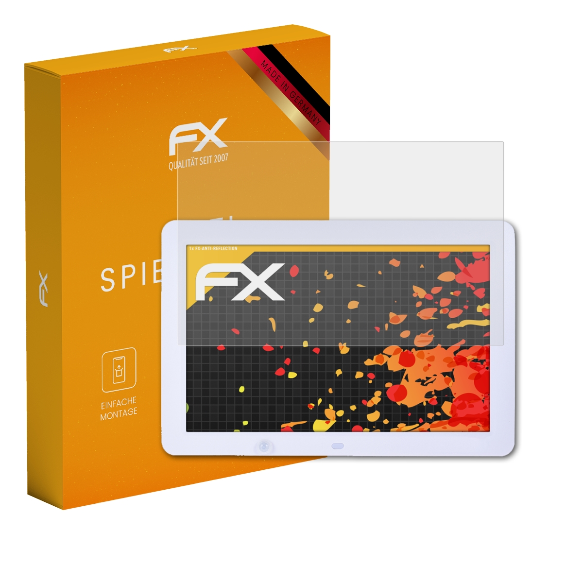 Eine orangefarbene Schachtel und Displayschutz neben einem Tablet mit abstraktem Bildschirm.