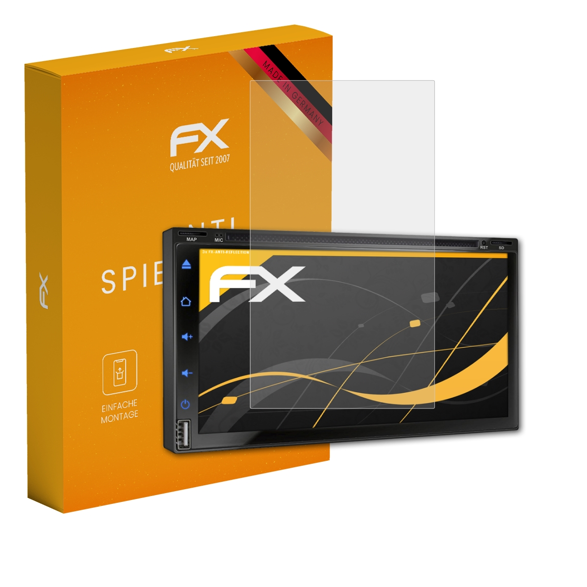 Orangefarbene Box mit Autoradio und Displayschutzfolie. Displayschutzfolie ist auf einem Autoradio. Schwarzes Stereo.
