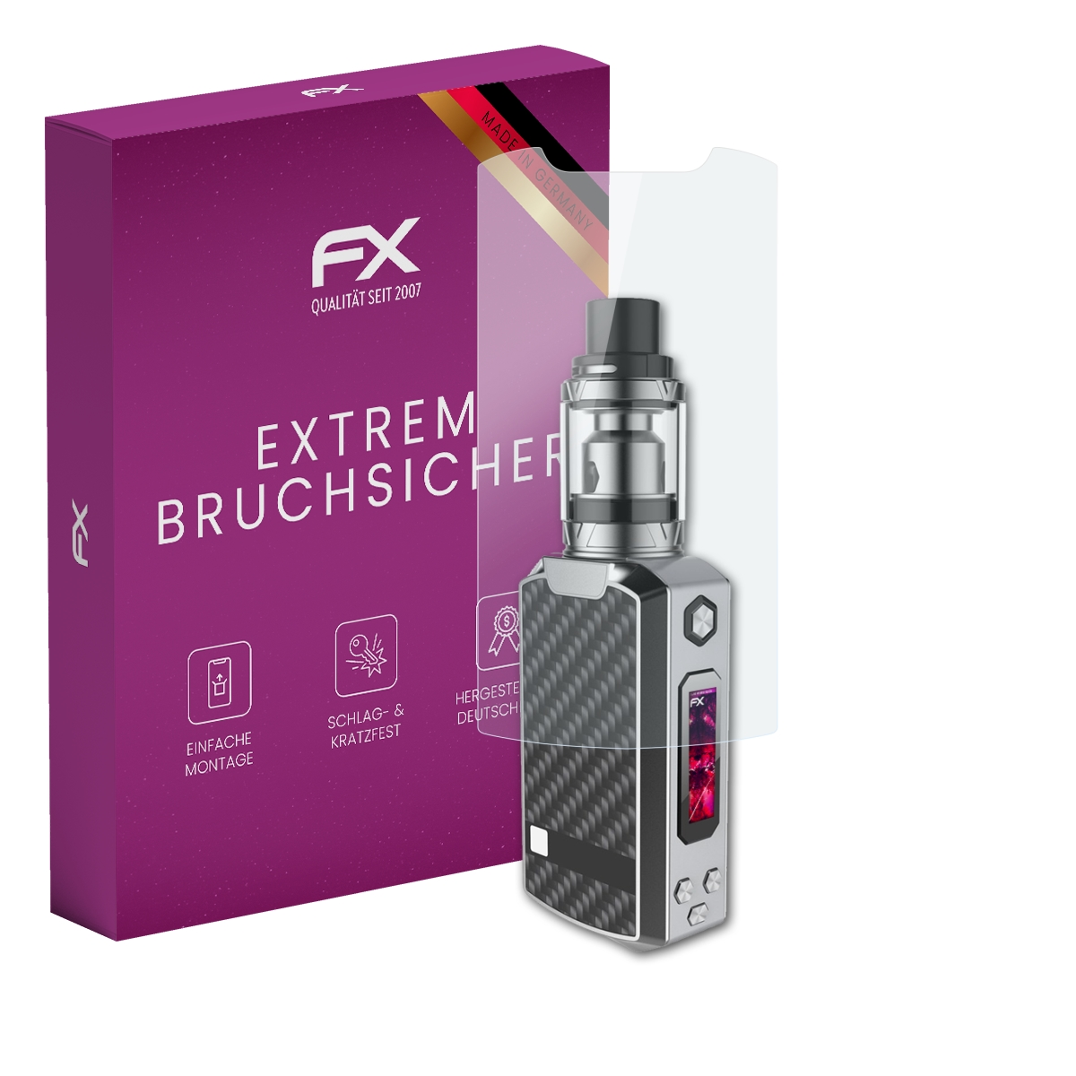 E-Zigarette und Displayschutz neben einer violetten Schachtel. Auf der Schachtel steht 'EXTREM BRUCHSICHER' und 'Made in Germany'.