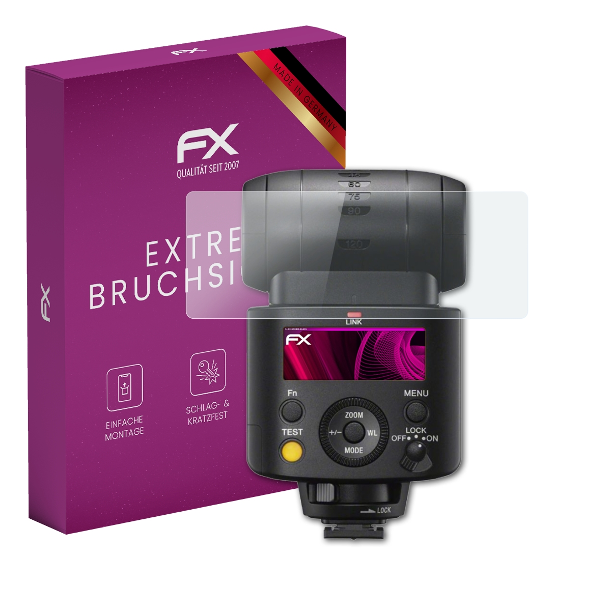 Blitzgerät und Displayschutz neben einer violetten Box. Auf der Box steht 'EXTREM BRUCHSICHER' und 'Made in Germany'.
