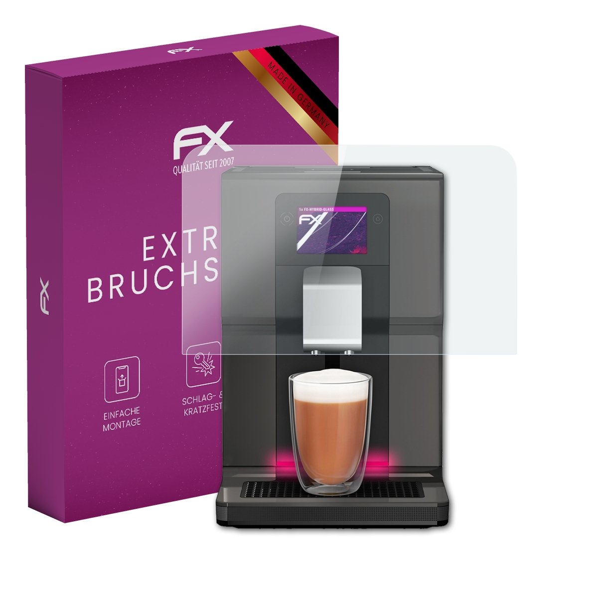 Box mit Displayschutzfolie und einer Kaffeemaschine. Auf der Box steht 'Extrem Bruchsicher'.