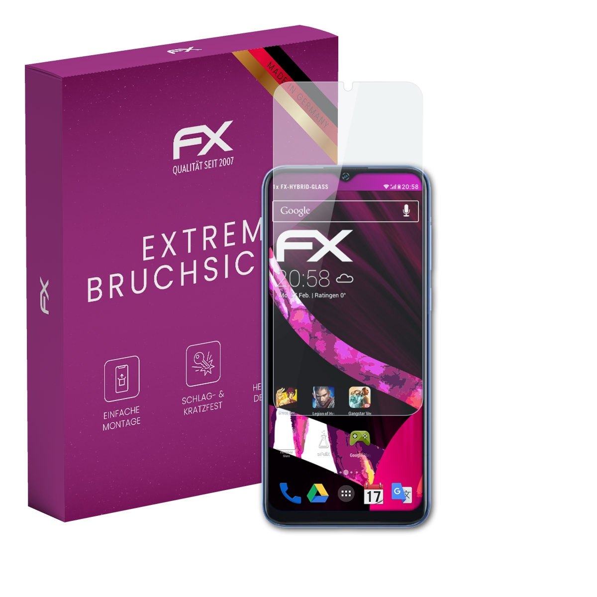 Telefon mit Displayschutz, Box. Auf der Box steht 'Extrem Bruchsicher'. Telefon zeigt Google App mit Symbolen.