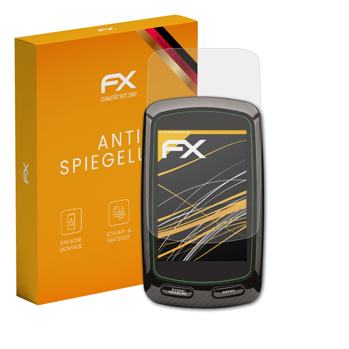 Ein Gerät mit Displayschutz, Box mit Text und eine deutsche Flagge.