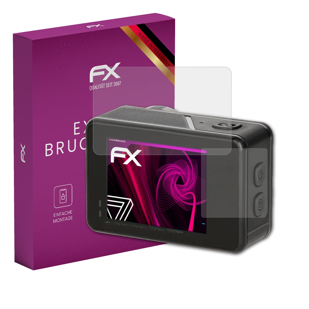 Eine Kamera mit Displayschutz, Box mit Text und eine deutsche Flagge.