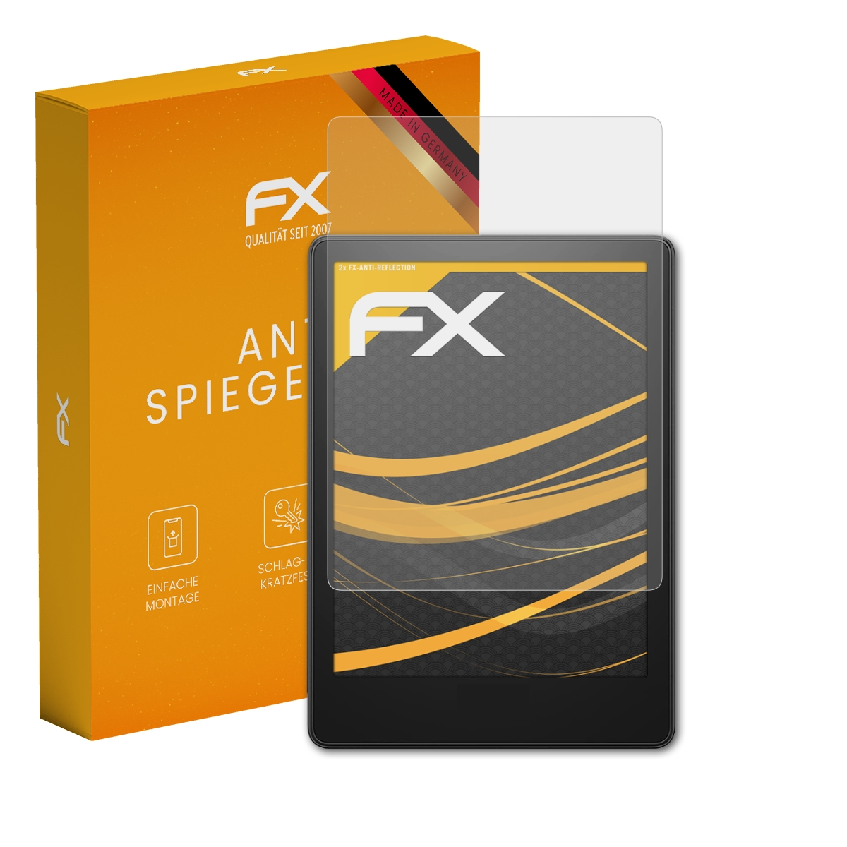 Schwarzes Gerät mit Displayschutz und gelber Box, mit deutschem Text.