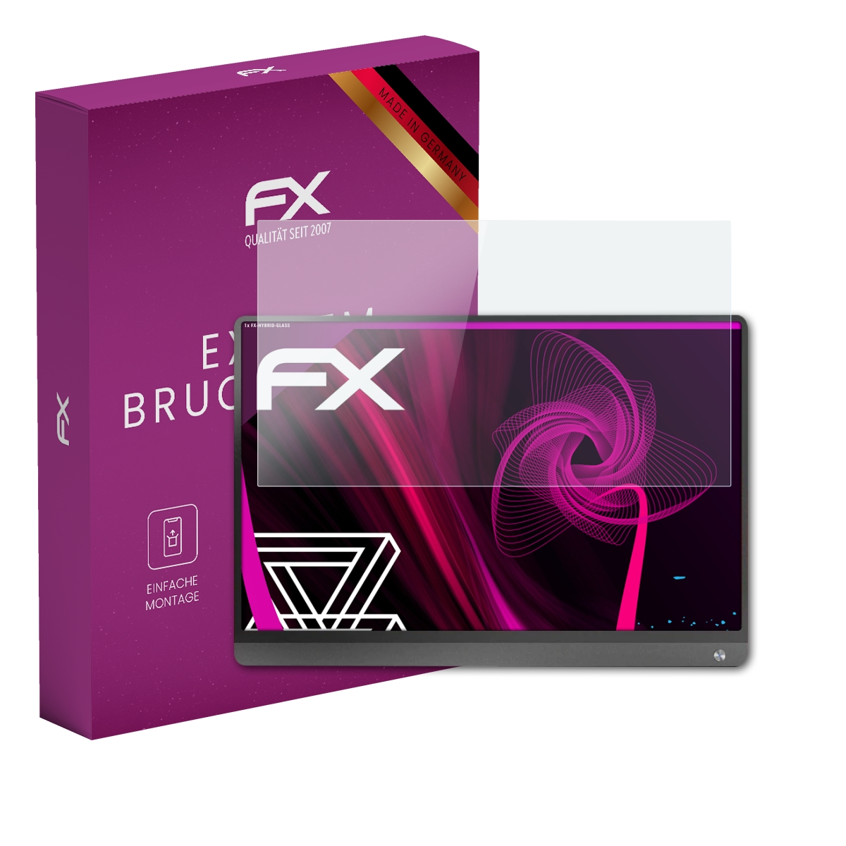 Computermonitor mit Displayschutz und Box. Der Bildschirm zeigt ein rosa Wirbeldesign.
