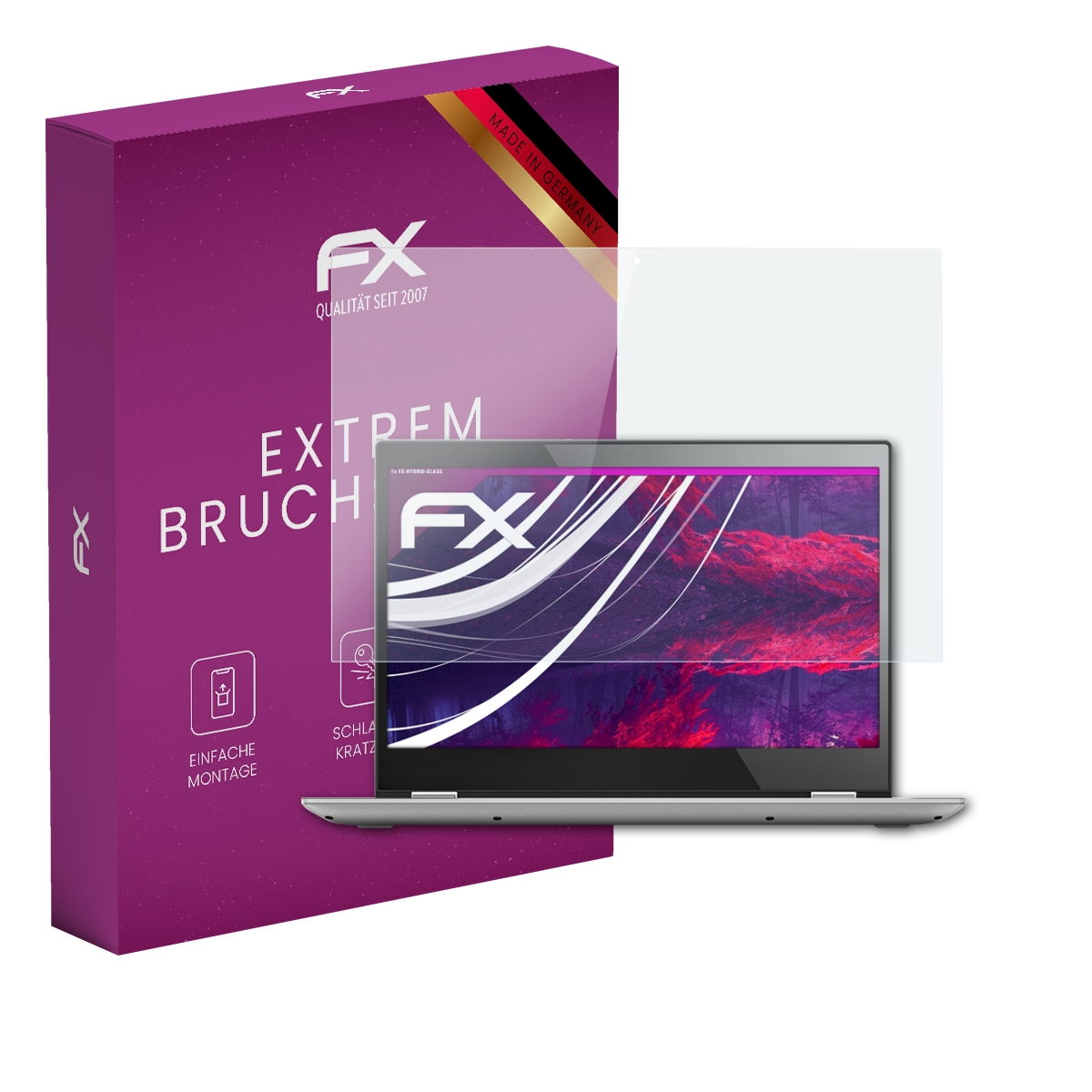 Ein Displayschutz auf einem Laptop-Bildschirm, neben einer lila Box mit dem 'FX'-Logo.