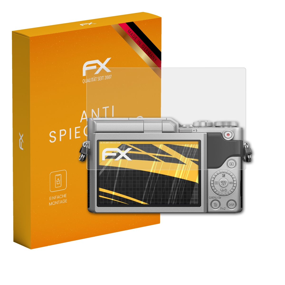 Ein Displayschutz auf einer Kamera, neben einer gelben Box mit dem 'FX'-Logo und Text.