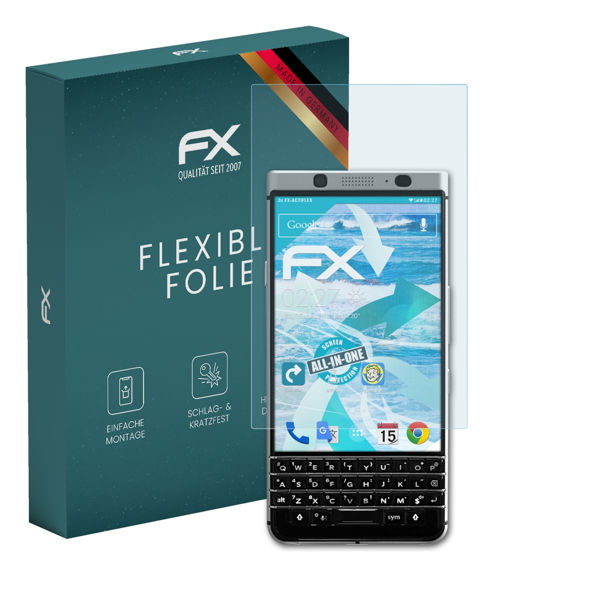 Smartphone mit Displayschutzfolie und Verpackung. Bildschirm zeigt Zeit und Wetter.