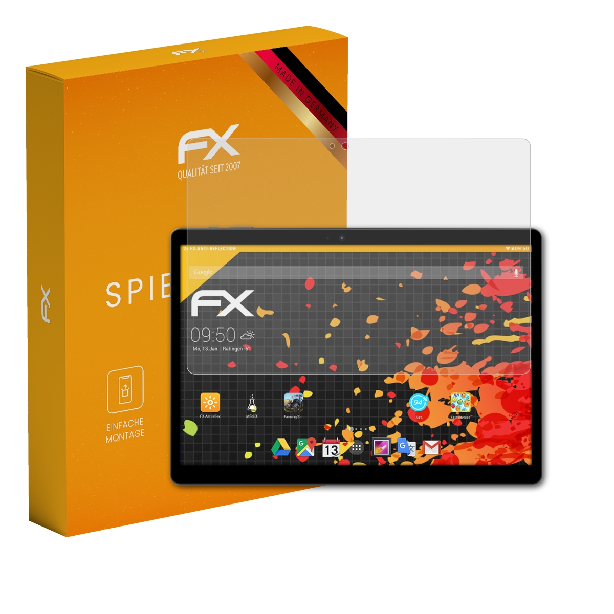 Box mit Displayschutzfolie und einem Tablet. Die Box ist orange, das Tablet ist an.